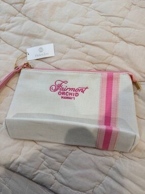 Helen Jon Cream Canvas Wristlet with Pink Stripe & Embroidery